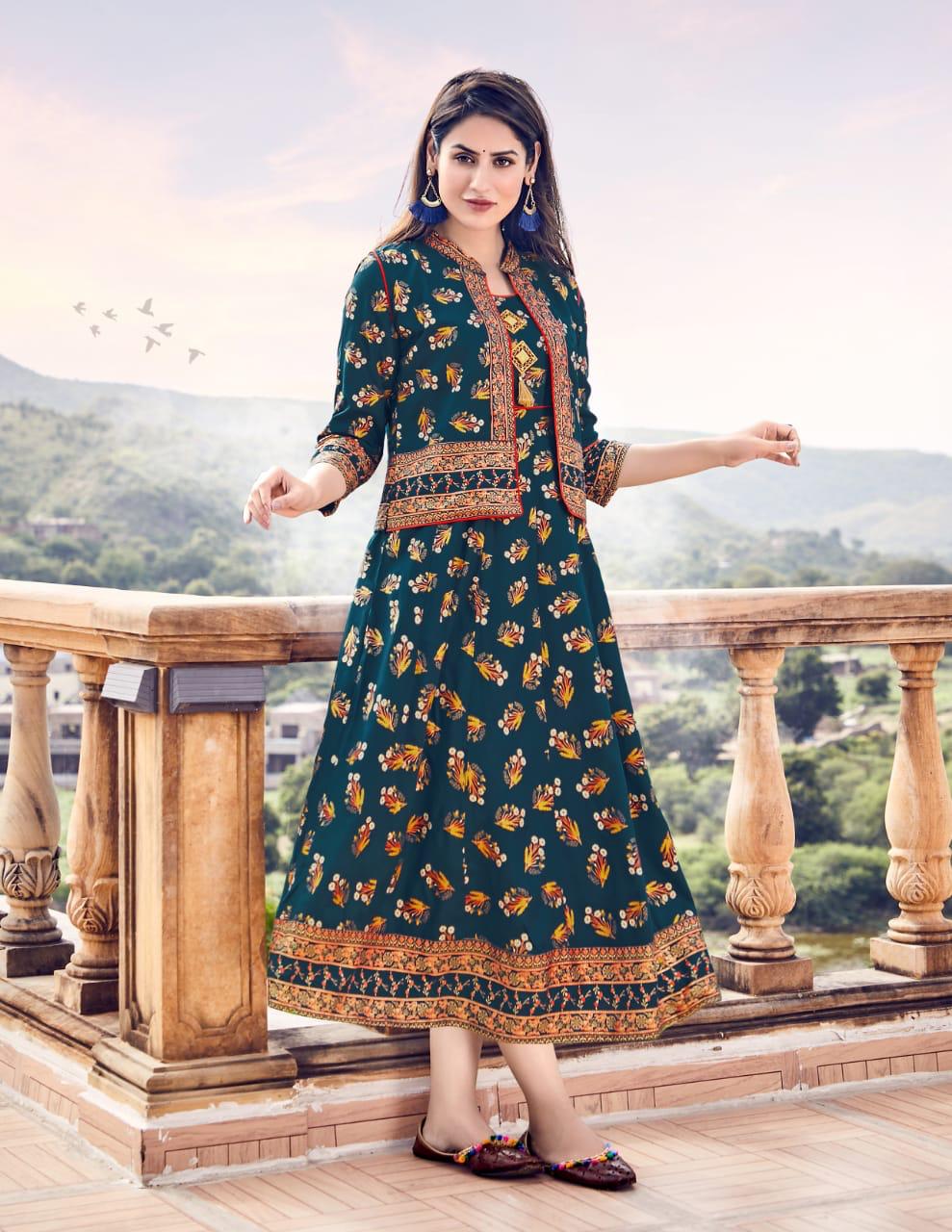 Gold Star 2 Fancy Festive Wear Rayon Designer Fancy Kurti With Koti Collection